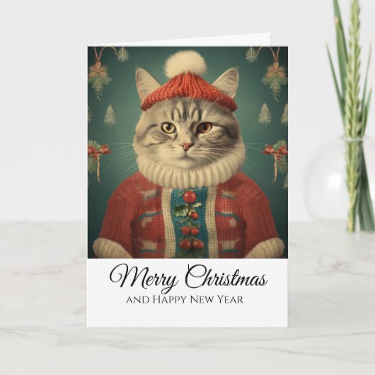 Cute Funny Cat in Costume Merry Christmas  カード (正面)