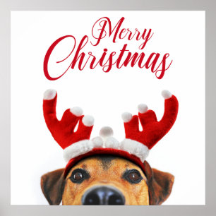 Cute Funny Christmas Dog Reindeer Antler Headband ポスター