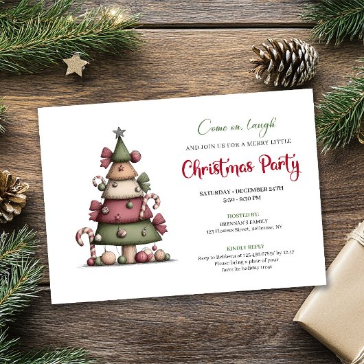 Cute Funny Christmas Tree Cartoon Party Invitation 招待状