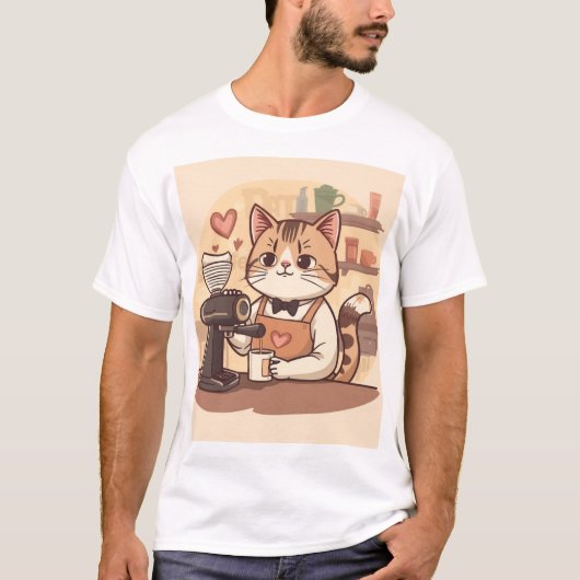 Cute Funny Cozy Barista Cat & Coffee T-shirt Tシャツ (正面)