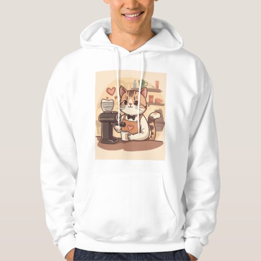Cute Funny Cozy Cartoon Barista Cat Hoodie T-shirt パーカ (正面)