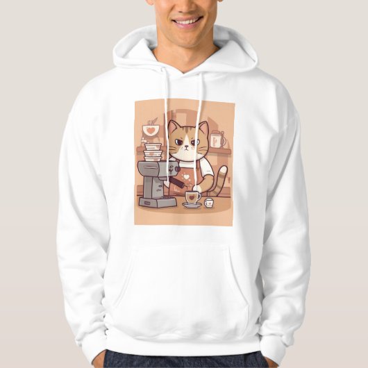 Cute Funny Cozy Cartoon Barista Cat Hoodie T-shirt パーカ (正面)
