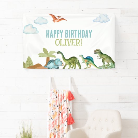Cute Funny Dinosaur Happy Birthday Sign Banners 横断幕 (インサイチュ)