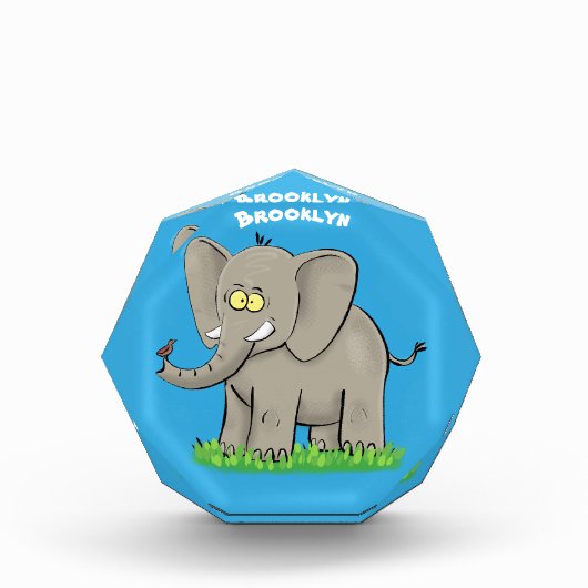 Cute funny elephant with bird on trunk cartoon フォトブロック (正面)
