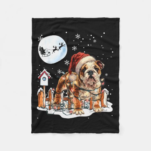 Cute Funny English Bulldog Christmas Lights Santa フリースブランケット (正面)