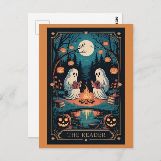 Cute Funny Fall Halloween Tarot Ghost Read Books ポストカード (正面/裏面)