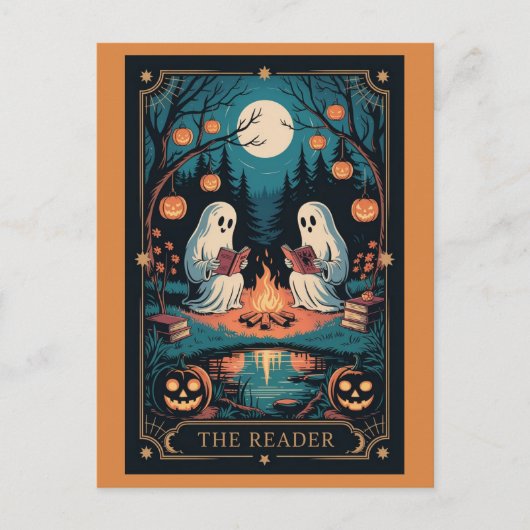 Cute Funny Fall Halloween Tarot Ghost Read Books ポストカード (正面)
