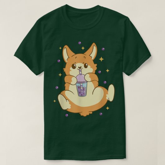 Cute Funny Fox Drinking Boba Tea Bubbles Anime Tシャツ (デザイン正面)