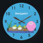 Cute funny frogs bubblegum cartoon illustration ro ラージ壁時計<br><div class="desc">This funny design features 3 cute green frogs with one blowing bubblegum. All done in happy cartoon style! Fun from the pond!</div>