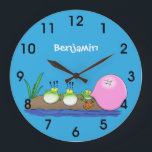 Cute funny frogs bubblegum cartoon illustration ro ラージ壁時計<br><div class="desc">This funny design features 3 cute green frogs with one blowing bubblegum. All done in happy cartoon style! Fun from the pond!</div>