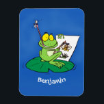 Cute funny green frog cartoon illustration マグネット<br><div class="desc">For frog lovers! This cute sign features our happy,  cute and adorable frog artist on a lily pad cartoon.</div>