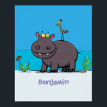 Cute funny hippopotamus with bird cartoon ポスター<br><div class="desc">Hippo birdie! This cute hippopotamus and bird are done in a bright cartoon style. Lots of fun!</div>