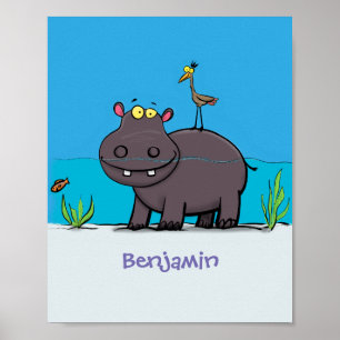 Cute funny hippopotamus with bird cartoon ポスター