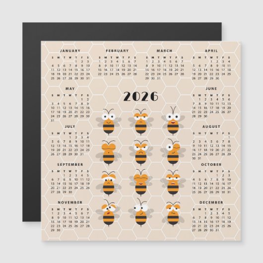 Cute Funny Honey Bee Honeycomb Calendar 2026 (正面/裏面)