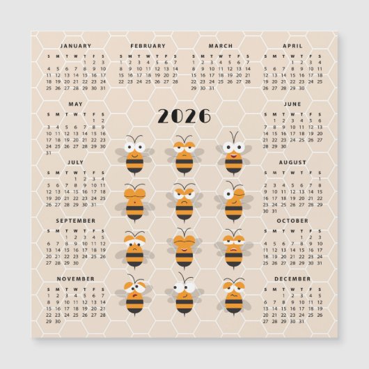 Cute Funny Honey Bee Honeycomb Calendar 2026 (正面)