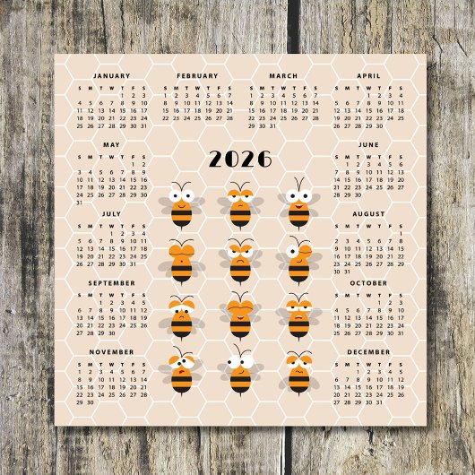 Cute Funny Honey Bee Honeycomb Calendar 2026