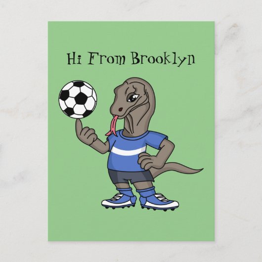 Cute funny Komodo dragon playing soccer cartoon ポストカード (正面)