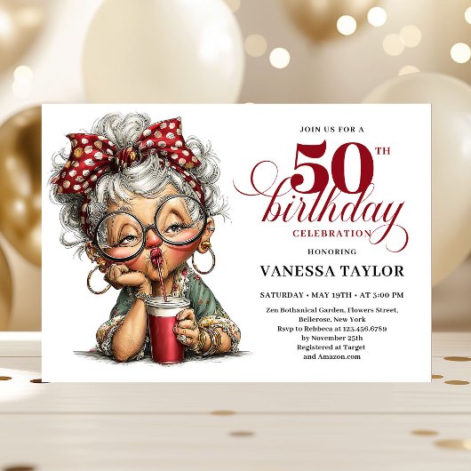 Cute Funny Lady 50th Birthday Cartoon Humor Invite 招待状