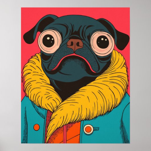 Cute Funny Pug Illustration Funky Dog ポスター (正面)
