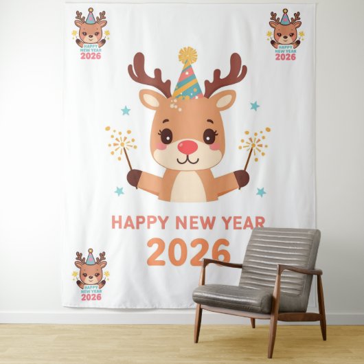 cute funny reindeer happy new year party backdrop タペストリー (インサイチュ)