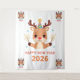 cute funny reindeer happy new year party backdrop タペストリー