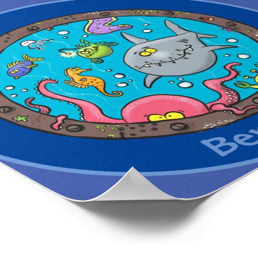 Cute funny sea creatures cartoon illustration ポスター (角)