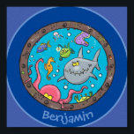 Cute funny sea creatures cartoon illustration ポスター<br><div class="desc">These funny sea creatures are peering through the porthole of a shipwreck. Includes our cartoon octopus,  shark,  fish and some other delightful characters. Perfect for the fish lover or diver! Bright and fun!</div>