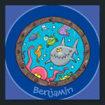 Cute funny sea creatures cartoon illustration ポスター<br><div class="desc">These funny sea creatures are peering through the porthole of a shipwreck. Includes our cartoon octopus,  shark,  fish and some other delightful characters. Perfect for the fish lover or diver! Bright and fun!</div>