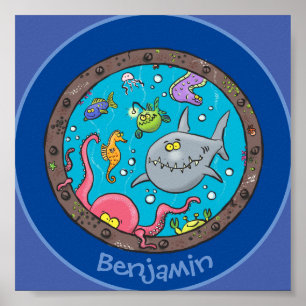 Cute funny sea creatures cartoon illustration ポスター