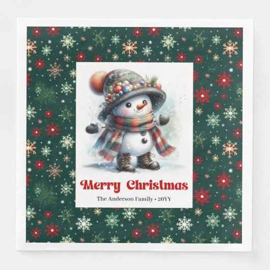 Cute funny snowman with snowflakes kids napkins (正面)
