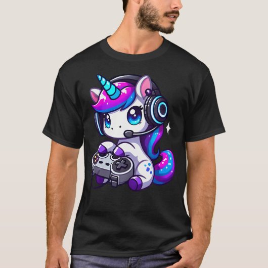Cute Funny Unicorn Wearing Headphones Playing Vide Tシャツ (正面)