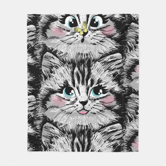 Cute furry kitten face seamless pattern. Illustrat フリースブランケット (正面)