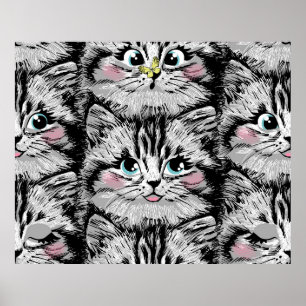 Cute furry kitten face seamless pattern. Illustrat ポスター