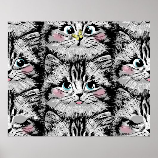 Cute furry kitten face seamless pattern. Illustrat ポスター (正面)