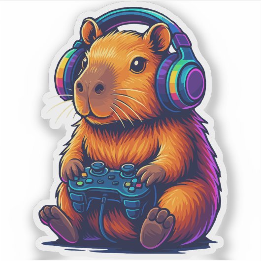 Cute Gamer Capybara — with Headset & Controller シール (正面)