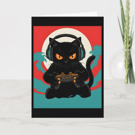 Cute Gamer Cat Headset Retro Console Night Scene カード (正面)