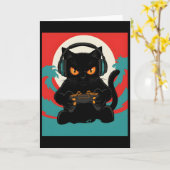 Cute Gamer Cat Headset Retro Console Night Scene カード (黄色い花)