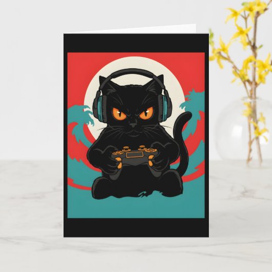 Cute Gamer Cat Headset Retro Console Night Scene カード (黄色い花)