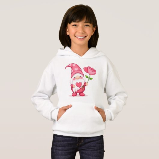 Cute Garden Gnome Girls Hoodie - Whimsical Flower  (正面フル)