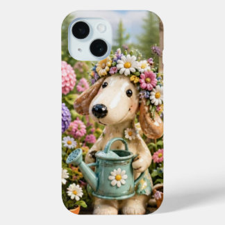 Cute Garden Puppy Dog with Flower Crown iPhone 15ケース