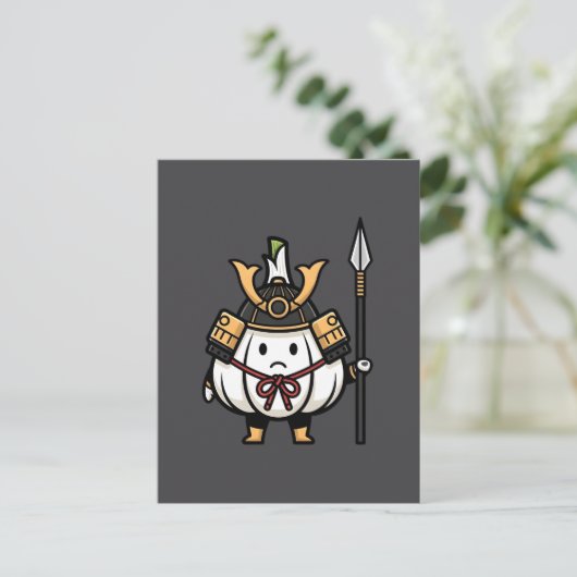 Cute Garlic Samurai Castle Guard Yari Illustration ポストカード (スタンド正面)