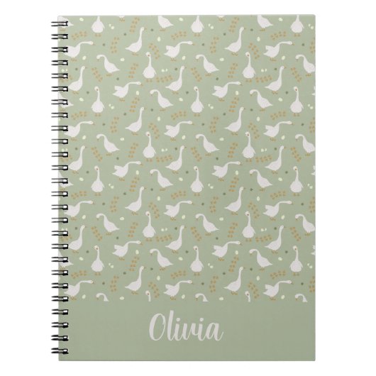 Cute Geese, Footprints and Custom Name on Green ノートブック (正面)