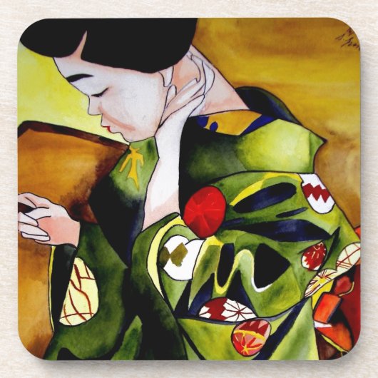 Cute Geisha with green kimono original art コースター (正面)