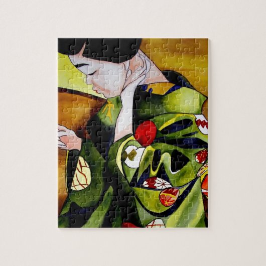 Cute Geisha with green kimono original art ジグソーパズル (縦)