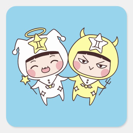 Cute Gemini Twins Angel and Devil スクエアシール (正面)