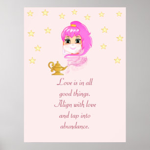 Cute Genie Cartoon & Abundance Quote on Rose Gold ポスター
