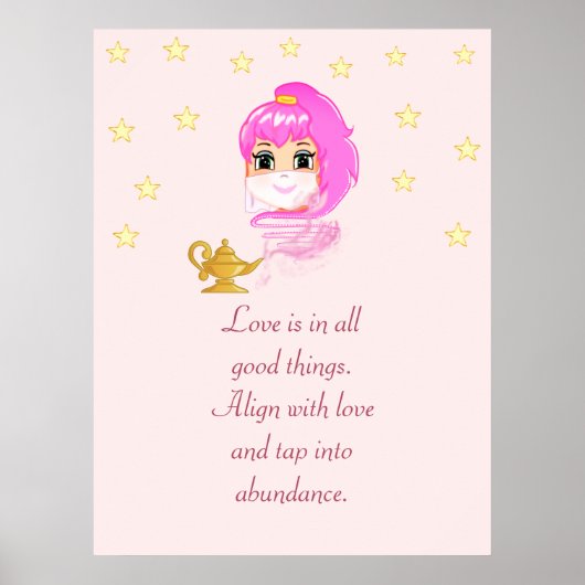 Cute Genie Cartoon & Abundance Quote on Rose Gold ポスター (正面)
