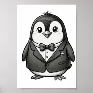 Cute Gentleman Penguin Tuxedo Sketch ポスター