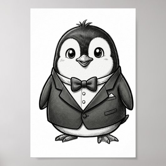 Cute Gentleman Penguin Tuxedo Sketch ポスター (正面)