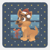 Cute German Shepherd puppy Cartoon Starry night スクエアシール (正面)
